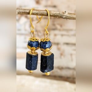 Natural Dark Blue Sapphire  In Drop Gold Plated Earrings
